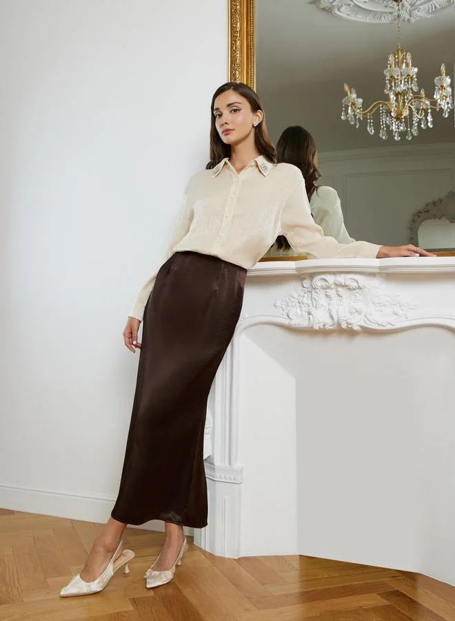 Styli Women Off White Shimmer Long Sleeve Shirt